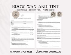 Upgrade your beauty business with our Editable Brow Wax and Tint Intake Form, Consent, and Waiver Forms. Designed specifically for estheticians, this comprehensive package streamlines your client intake process, ensuring a professional and smooth experience for both you and your clients. 🌟 Instant Download: Access your forms immediately after purchase to start enhancing your client interactions right away. 🌟 Fully Editable PDF: Easily customize the content to reflect your brand's unique identi Brow Wax And Tint, Esthetician Business, Intake Form, Informed Consent, Consent Forms, Client Management, Brow Wax, Brow Tinting, Social Media Business