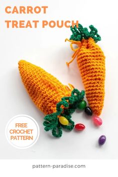 two crocheted carrots sitting next to each other on a white surface with text overlay