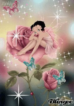 a painting of a woman sitting on top of a pink rose with butterflies flying around