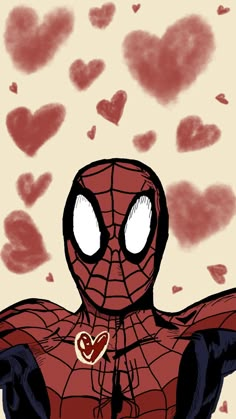 a drawing of a spider man with hearts in the background