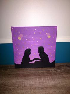 a painting of two people holding hands in front of a purple background