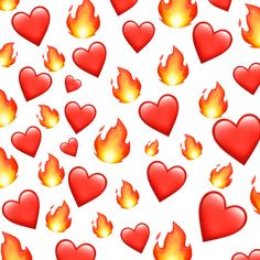 many red hearts with flames on a white background