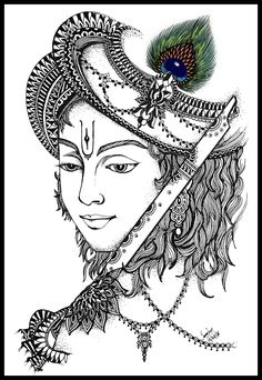 a drawing of a woman with a peacock on her head and feathers in her hair