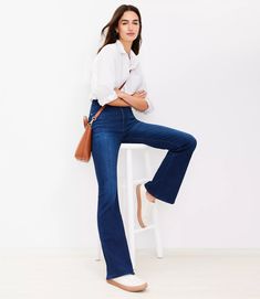 Petite High Rise Slim Flare Jeans in Dark Wash High Rise Flare Jeans Outfits, Blue Flared Jeans Outfit, Black Flared Jeans Outfit, Flare Jeans Petite, High Rise Jeans Outfit, Petite Cropped Jeans, Flare Jean Outfit, Best Petite Jeans, Petite Flare Jeans