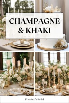 champagne and khaki wedding tables with white flowers, candles and gold place settings