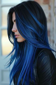 Dark Roots Blue Hair, Blue Dipped Hair, Fun Hair Color Ideas For Brunettes Blue, Blue Tipped Hair, Black Dyed Hair Ideas, Black To Blue Hair, Blue Highlights In Brown Hair, Cobalt Blue Hair, Blue Hair Styles