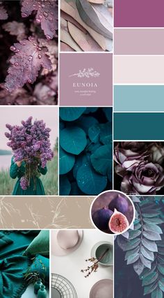 the color palette is purple, teal, and green with lots of leaves on it