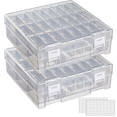 three clear plastic storage boxes with dividers on each side and numbers in the middle