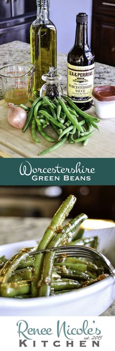 green beans in a white bowl next to bottles of wine and seasonings on a wooden table