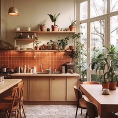 a kitchen filled with lots of potted plants next to a table and chairs in front of a window