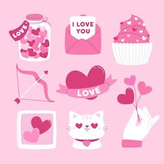 pink valentine's day card with hearts, cupcakes and love messages on it