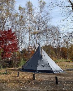 a tent pitched up in the middle of a field with trees and leaves around it