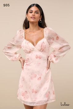 You'll be ready for date night in an instant with the Lulus Lovely Poise Light Pink Floral Tie-Back Long Sleeve Mini Dress! A romantic floral design accents the sleek and airy woven chiffon as it shapes lightly gathered cups and a sweetheart neckline with crocheted ladder lace, all framed by semi-sheer, long balloon sleeves (with elastic at the shoulders and cuffs). The subtle, fit-and-flare silhouette naturally flatters the figure, while an open back with double tying straps and a mini hem (accented with matching ladder lace trim) lends an extra flirty finish. Hidden back zipper/clasp. Fit: This garment fits true to size. Length: Mid-thigh. Bust: Great for any cup size. Waist: Fitted - very fitted at natural waist. Hip: Not Fitted - fuller skirt allows room for hips. Undergarments: May be Light Pink Floral Dress, Pink Long Sleeve Dress, Casual Formal Dresses, Light Pink Dress, Pink Dress Casual, Date Night In, Lace Dress With Sleeves, Casual Wedding Dress, Women Long Sleeve Dress