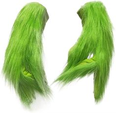 two long green furry hair pieces on a white background