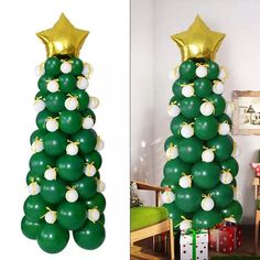 a christmas tree made out of green balloons