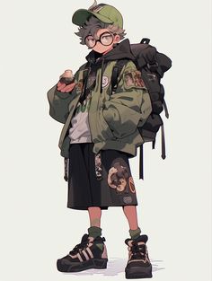 an anime character with glasses and a backpack