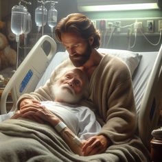 a man laying in a hospital bed with his arm around the head of another man