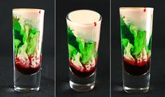 three different shots with red and green liquid in them