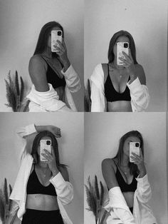 four pictures of a woman taking a selfie with her cell phone and wearing a crop top