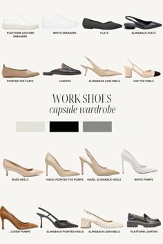 Curate the perfect work shoe collection with these versatile and stylish options! From sleek pointed toe flats to chic slingback heels, this capsule wardrobe has everything you need to stay comfortable and fashionable at the office. Whether you prefer classic loafers or modern platform sneakers, find your new go-to pair here! 👠✨ #WorkShoes #CapsuleWardrobe #OfficeFashion #ShoeCollection #StyleInspo Shoes Capsule Wardrobe, Minimalist Wardrobe Capsule, Work Shoes Women, Fashion Capsule Wardrobe, Shoes Outfit Fashion, Chique Outfits, Fashion Vocabulary, Elegante Casual, Classy Work Outfits