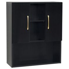 a black cabinet with gold handles on the front and bottom doors, it is open