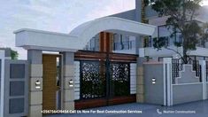 an architectural rendering of a modern home with gated entry way and stairs leading up to the front door