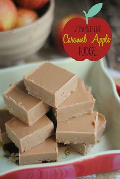 several pieces of fudge on a plate with an apple in the background and text overlay that reads, 2 ingredient cornel apple fudge