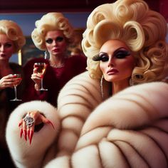 three women dressed up as drag queenes and one holding a wine glass in her hand