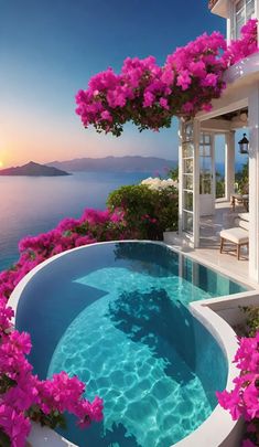 an outdoor swimming pool with pink flowers surrounding it and the sun setting in the background