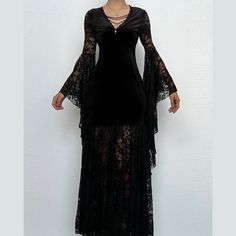 Please refer to our sizing chart for a guideline when choosing a size. 5 business days order processing time. 90% polyester 10% spandex Long Black Witch Dress, Goth Maxi Dress, Black Lace Long Sleeve Maxi Dress, Goth Long Dress, Goth Formal Dress, Black Witchy Dress, Black Dress Goth, Black Witch Dress, Flowy Outfit