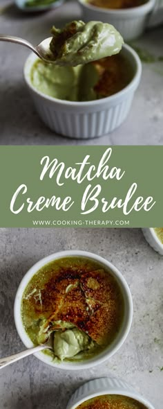 two bowls of matcha creme brulee with spoons on the side