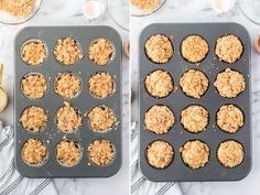 two pictures of muffins being made in the same pan and then placed on top of each other