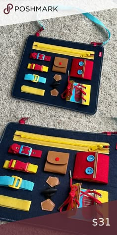 MONTESSORI Busy Board with Clips, Snaps, Zippers, Buttons Zipper Button Snap Board Diy, Zipper Board, Community Programs, Baby Activity Board, Diy Busy Board, Montessori Busy Board, Toddler Board, Busy Board Baby, Learning Development