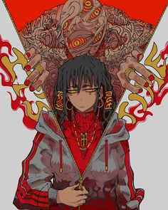 an anime character is standing in front of a red and yellow background with flames on it