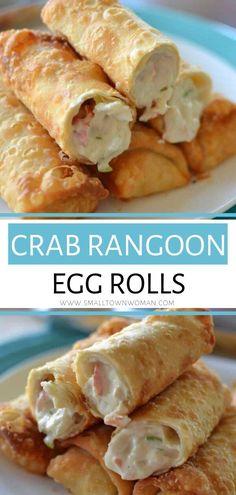 crab rangoon egg rolls stacked on top of each other