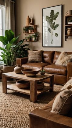 a living room filled with lots of brown furniture