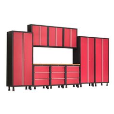 an image of a garage storage unit with red drawers and cabinets on wheels in front of a white background