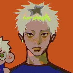 an animated image of a boy with white hair and green eyes next to a cartoon character