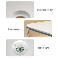 three different types of light fixtures and their functions are shown in the above image, one piece cut - out, smooth edges, bottom edge, bottom light, bottom light