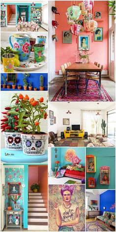 a collage of photos with various pictures and paintings on the walls in different rooms