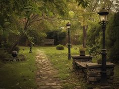 a stone path leads to a bench in the middle of a park with trees and benches