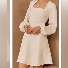 White Mini Dress With Long Sleeves, Textured Fabric, And Square Neck Work Once For Engagement Pictures Long Sleeve White Dress Short, After Party Wedding Dress, After Party Wedding, Party Wedding Dress, Bhldn Dresses, Sachin Babi, Anthropologie Wedding, Courthouse Wedding, Dress With Long Sleeves