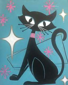 a painting of a black cat with stars around it's neck and eyes, sitting on a blue background