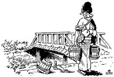 black and white drawing of a woman carrying buckets in front of a house with an overhang