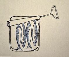 a drawing of fish in a jar hanging from a hook on a string with an arrow stuck to it