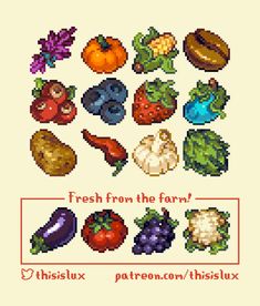 pixel art fruit and vegetables on a white background