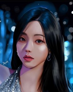 a digital painting of a woman with long black hair wearing a sparky dress and earrings