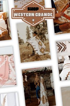 a collage of photos with the words western grande written in brown, white and pink