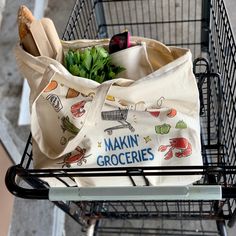 "Ditch the plastic and make groceries like a local. This large reusable grocery bag holds enough groceries to make a full pot of gumbo! This oversized, zippered, gusseted, canvas tote bag has an inside zippered pocket that will conveniently hold your sunglasses, wallet, phone, and farmer's market coins. Plus, the cute illustration of groceries by New Orleans artist Kristin Malone serves as a locals' check list so you dont forget the essentials. Machine washable, too! The bag measures 19\" wide x Cheap Bags For Grocery Shopping In Summer, Luxury Vegetable-tanned Shoulder Bag For Shopping, Affordable Artsy Shopping Bags, Reusable Grocery Bag Brands, Cheap Reusable Bags For Grocery Shopping, Cheap Reusable Canvas Grocery Bag, Cheap Artsy Shopping Bags, Grocery Shopping Clothes, Grocery Store Get Well