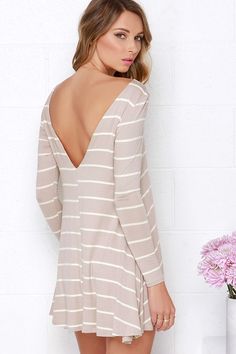 Swing Along Ivory and Taupe Striped Long Sleeve Dress Dresses For Juniors, Long Sleeve Skater Dress, Short Bodycon Dress, Mode Casual, Trapeze Dress, Mini Dresses For Women, Chic Woman, Long Sleeve Mini Dress, Dress Fashion